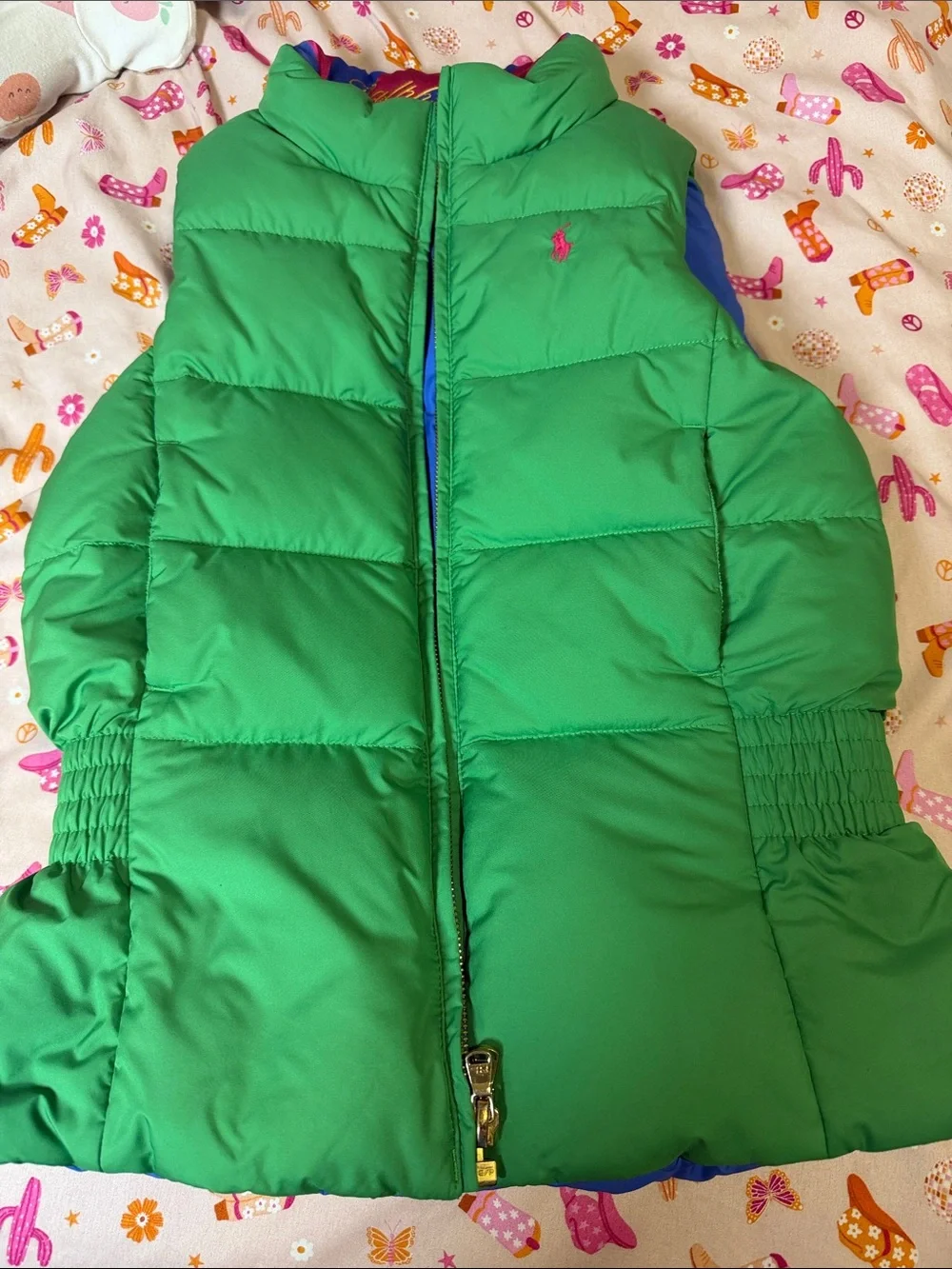 Ralph Lauren Green Quilted Puffer Vest with Pink Pony